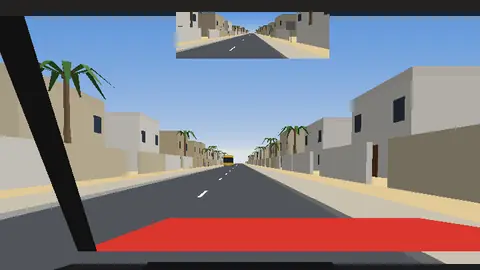 Practice clip still: a school bus with its STOP arm out, seen from the driver's seat