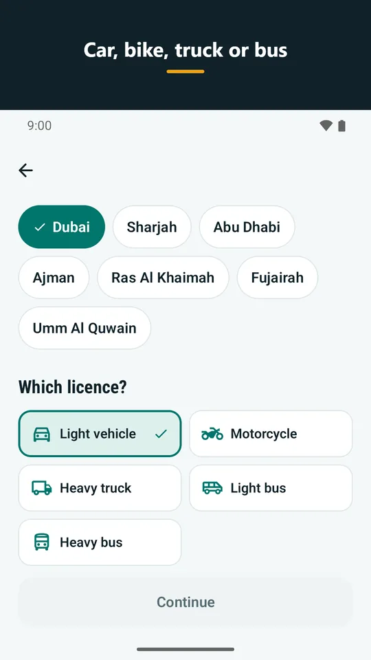Car, bike, truck or bus: Licence picker (car, motorcycle, heavy truck, light bus, heavy bus) (app screenshot)