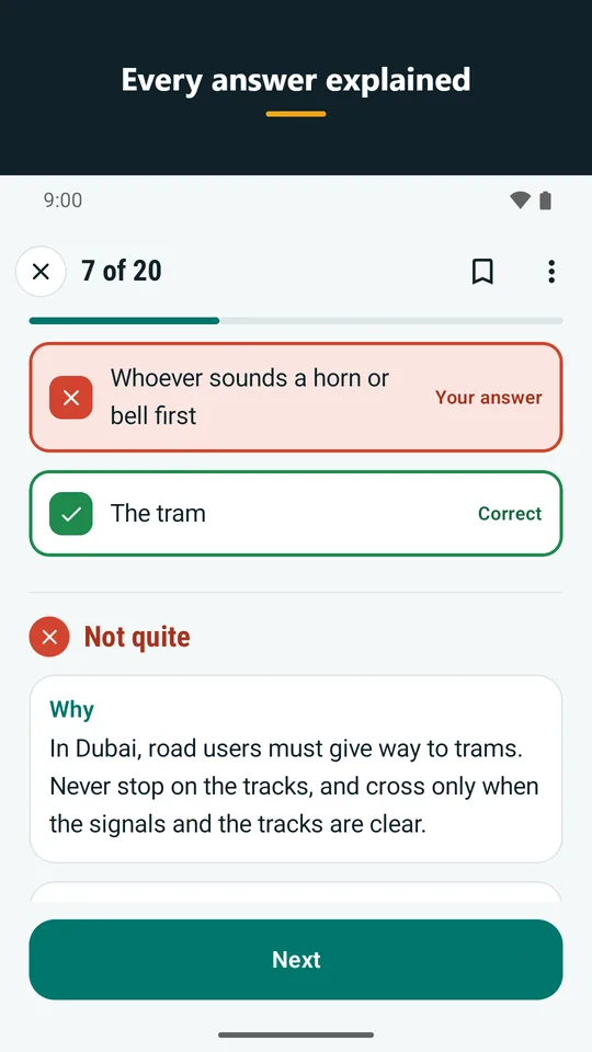 Every answer explained: Question answered, with explanation, why-wrong text and source (app screenshot)