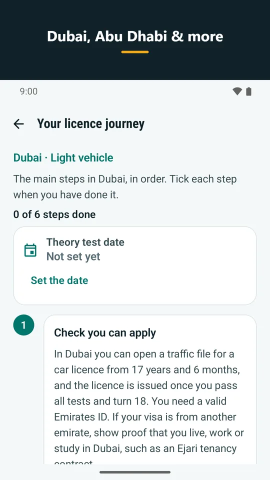 Dubai, Abu Dhabi & more: Licence journey for an emirate (app screenshot)