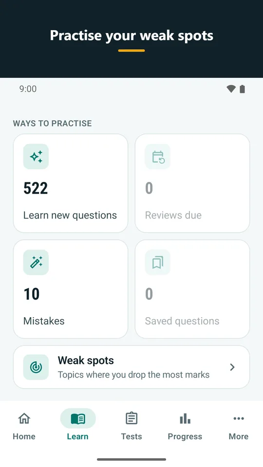 Practise your weak spots: Learn tab: ways to practise and the weak-spots row (app screenshot)